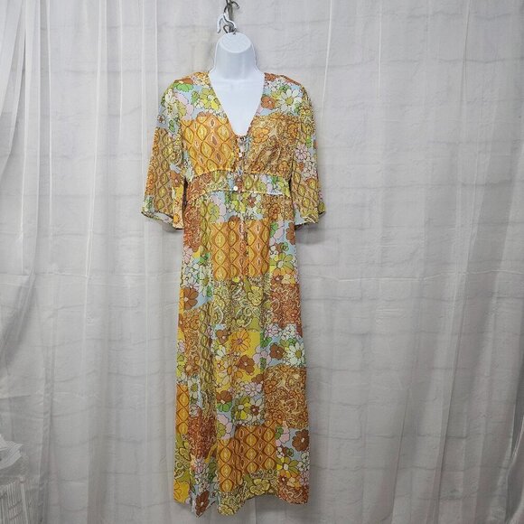 NWOT Emma & Michelle Orange Blue Floral Patchwork Hippie Dress Maxi Boho S - Picture 13 of 13